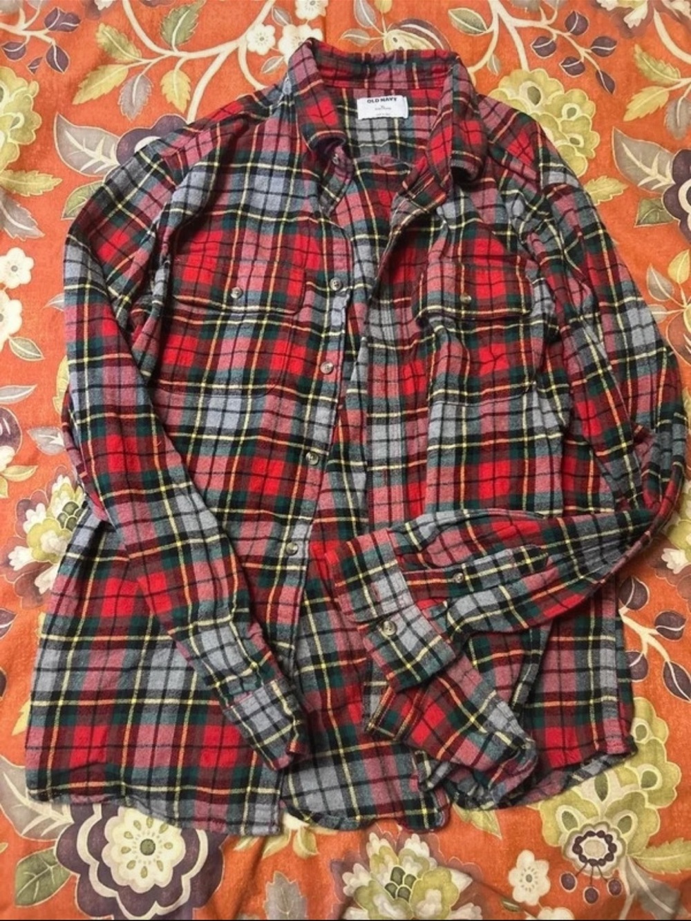 Old Navy Red and Gray Plaid Button-Up Flannel Shirt